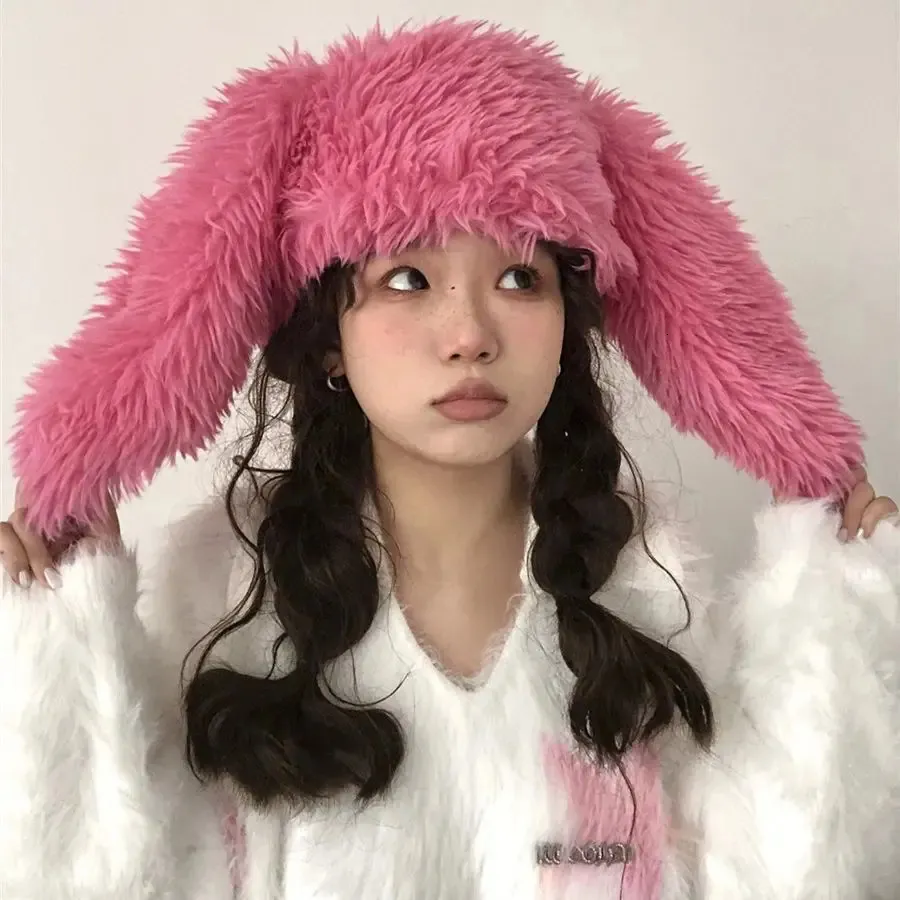 Longue oreille de lapin cheveux en peluche bonnets chapeau hiver femmes moelleux chaud oreille Protection Bomber chapeau dame rue mode Skullies chapeau 231229