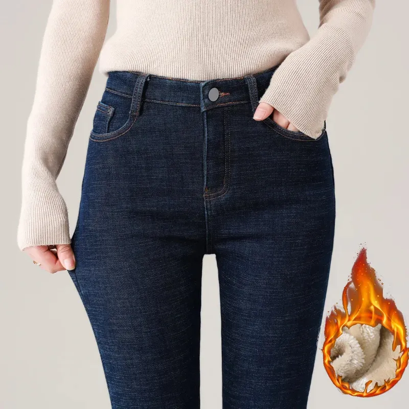 Женские толстые бархатные джинсы скинни с высокой талией, зимние теплые термобелье, джинсовые брюки для мам, повседневные брюки, плюшевые эластичные зимние брюки 231229