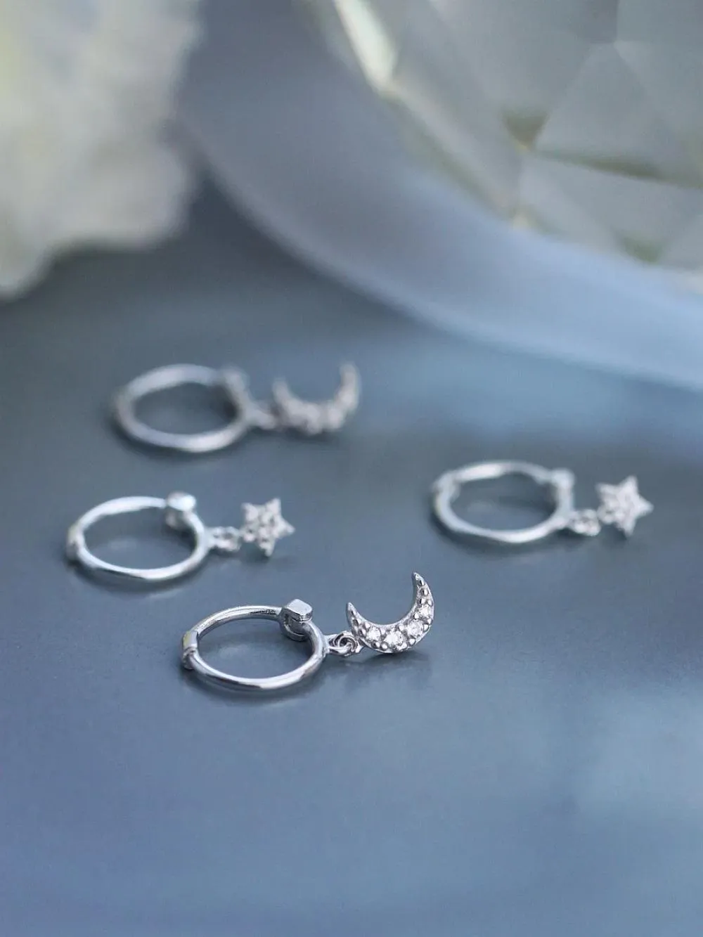 moon and star asymmetric zircon hoop earrings 100% 925 Sterling silver Jewelry fashion Hypoallergenic hoop earrings women gift