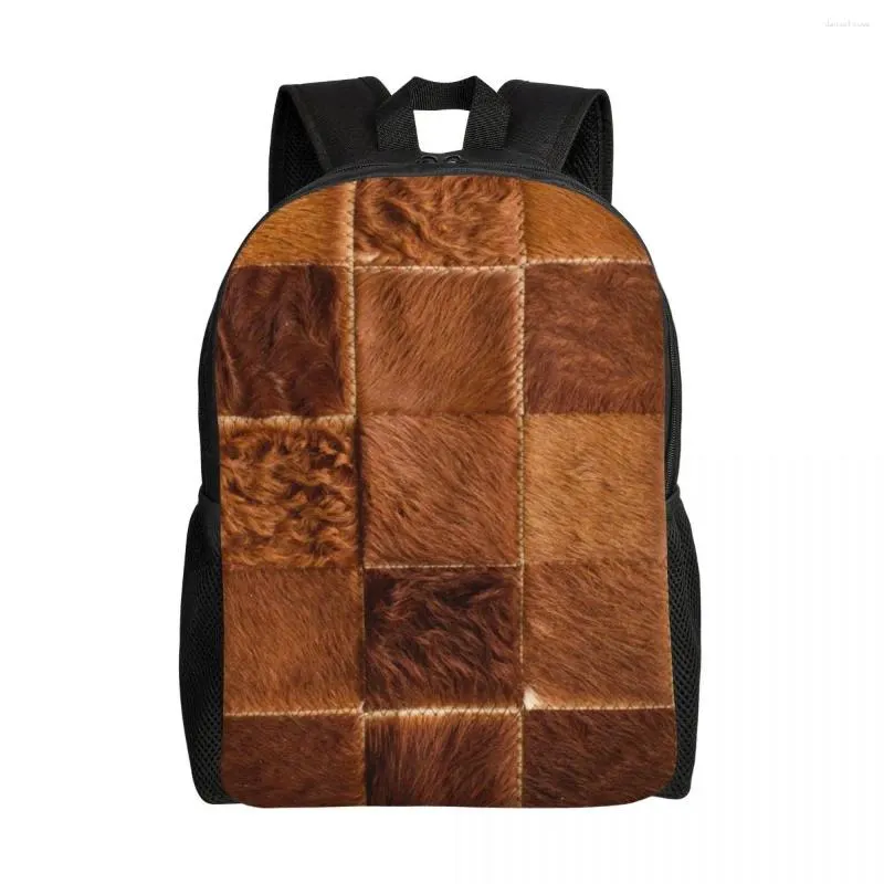 Skolväskor Brown Checkered Cowhide Patch Print ryggsäck College Studenter Fit 16 tum Laptop Animal Päl lädermönster