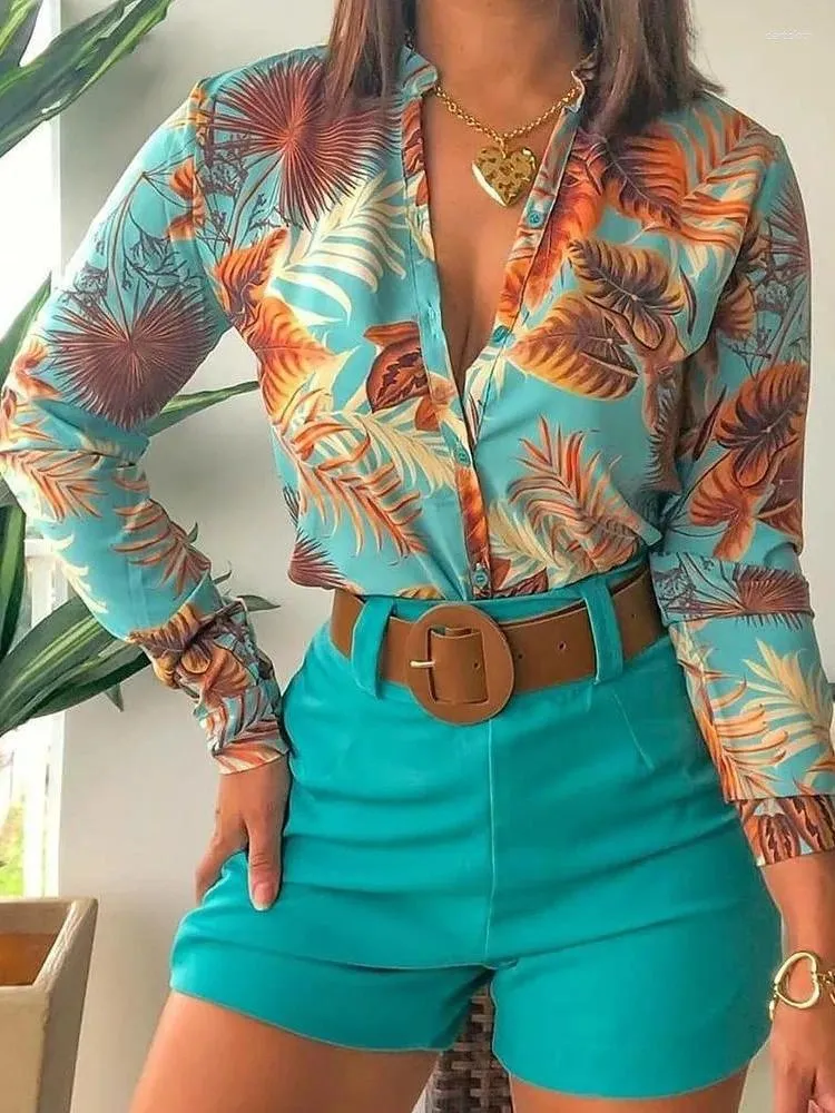 Women's Tracksuits Office Lady Fashion Outfit Long Sleeve Stand Collar Slim Print Shirt Belt Shorts Sets Summer Casual Beach Vacation Women