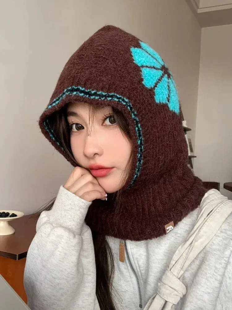 Versione coreana Ins Cappello di lana lavorato a maglia Cappello passamontagna invernale Cappello versatile Sciarpa Protezione per le orecchie integrata Copricapo Cappello bomber 231229