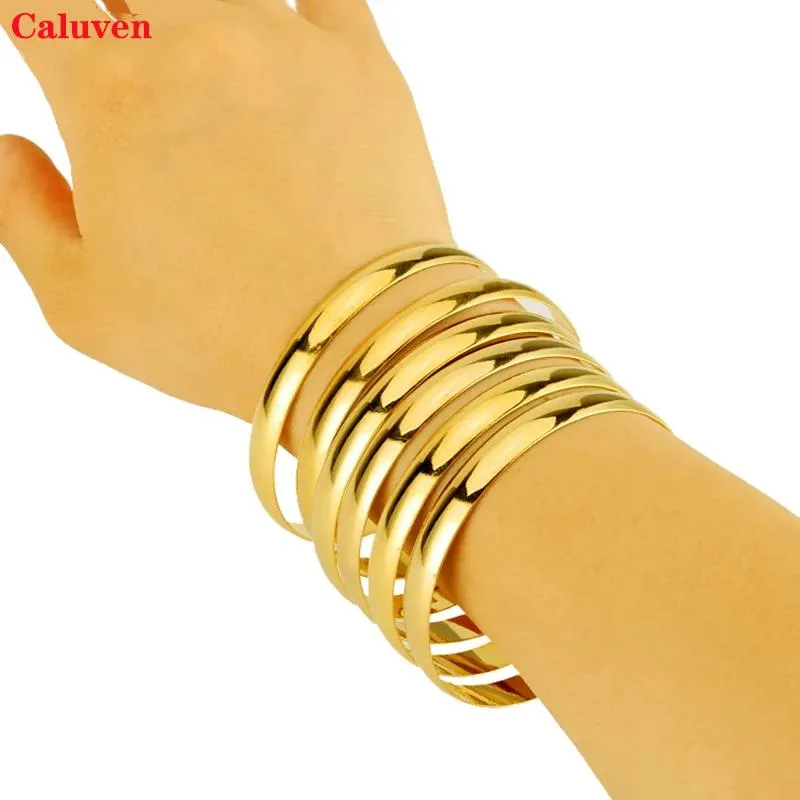 Armreifen Caluven Neue 8 MM 6 teile/los Äthiopischen Gold Farbe Armreifen für Frauen Dubai Schmuck Afrikanische Glänzende Armbänder Hochzeit Hand Kette