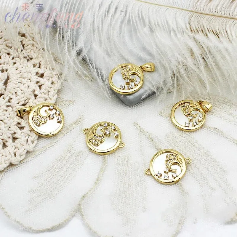 Pendanthalsband 10st/parti 18K Real Gold Plated White Shell asfalterade CZ -pärlor charm för kvinnor DIY smycken gör halsband