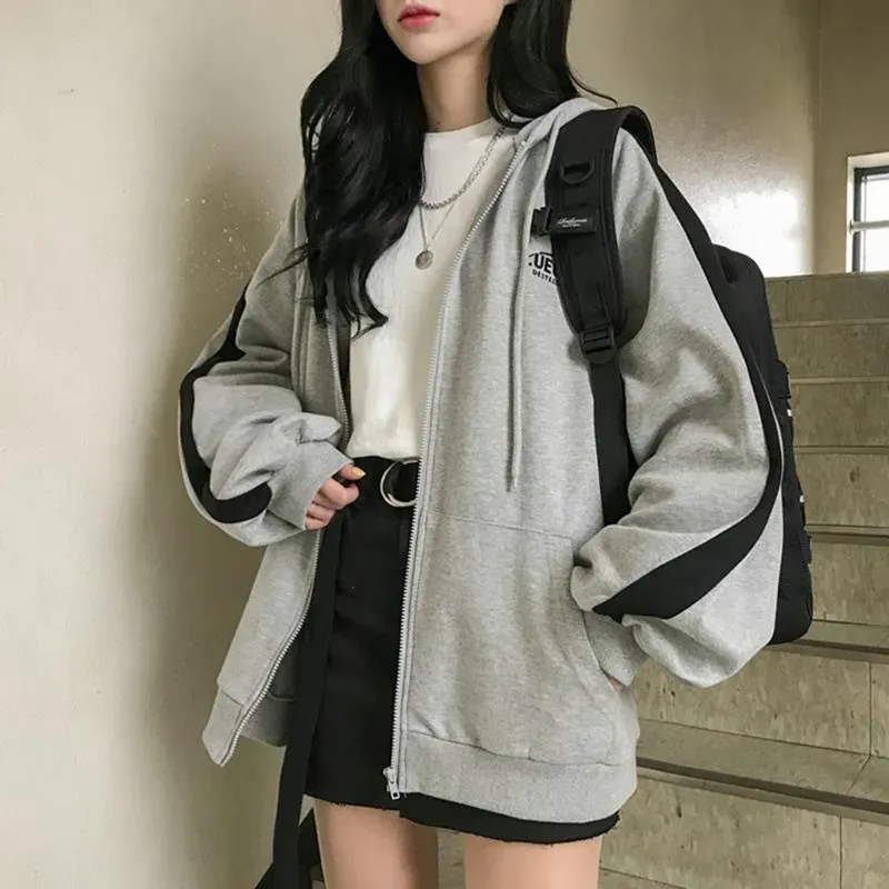 2023 frauen Übergroße Pullover Casual Solide Long Sleeve Zipper Jacken Koreanische Version Harajuku Lose Fleece Mit Kapuze