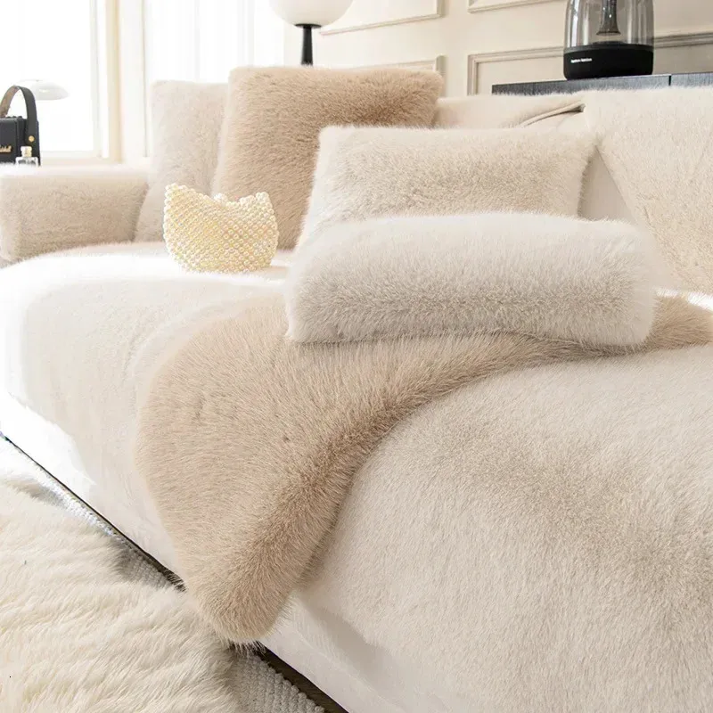 Housse de canapé en peluche de lapin, couverture de serviette chaude d'hiver universelle antidérapante en forme de L, tapis de canapé, coussin de siège pour salon 231229