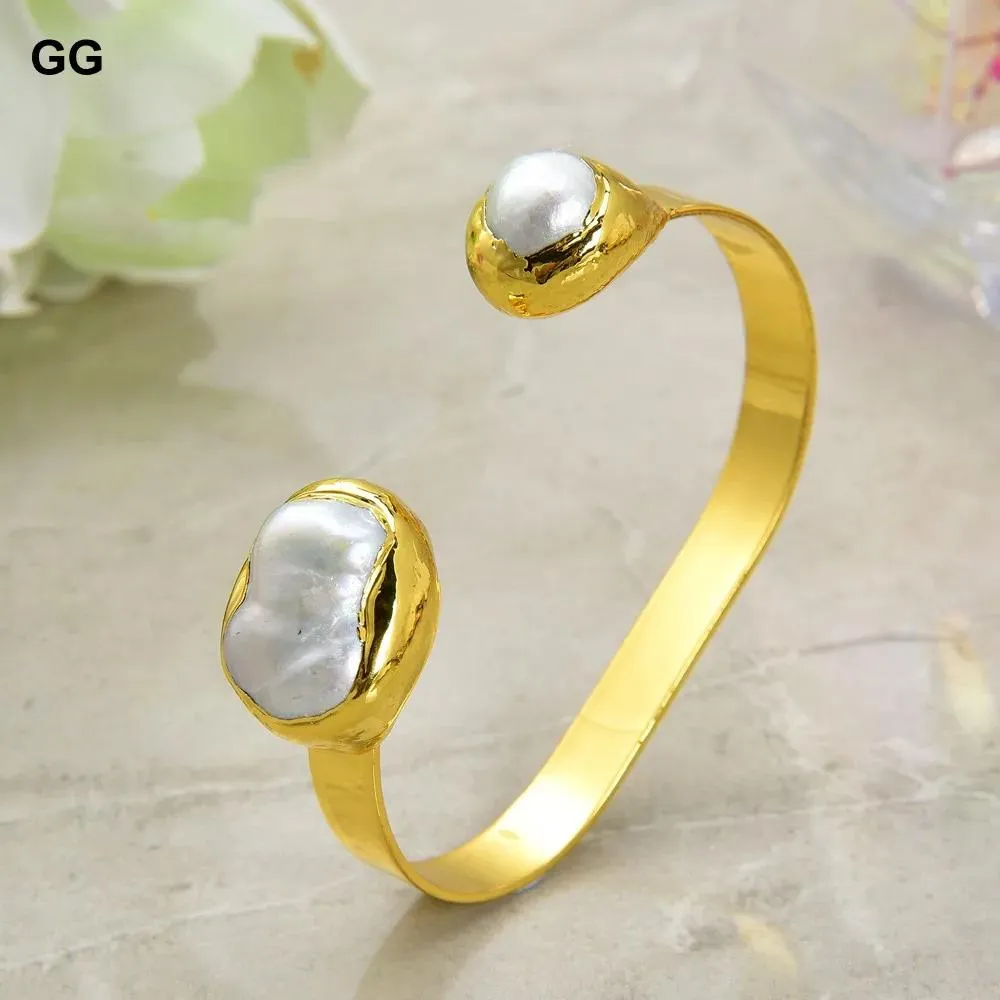 Bangle GuaiGuai Jewelry 15x21MM Natural White Baroque Keshi Pearl Gold Color Plated Bangle Bracelet