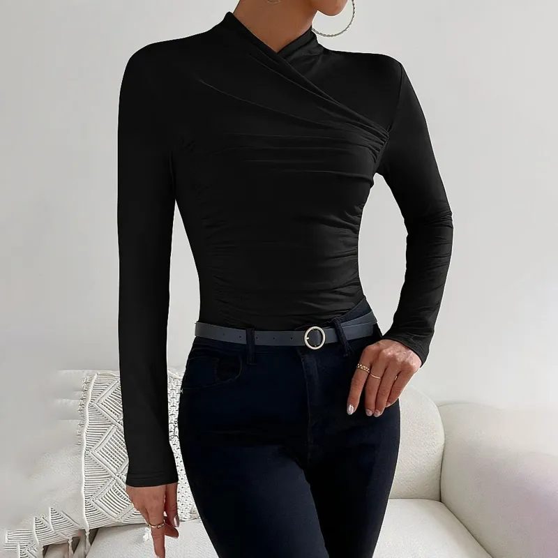 Abiti casual Moda donna Pullover eleganti Top Manica lunga Collo alto Avvolgente increspato T-shirt slim Clubwear Abbigliamento autunnale Camicetta