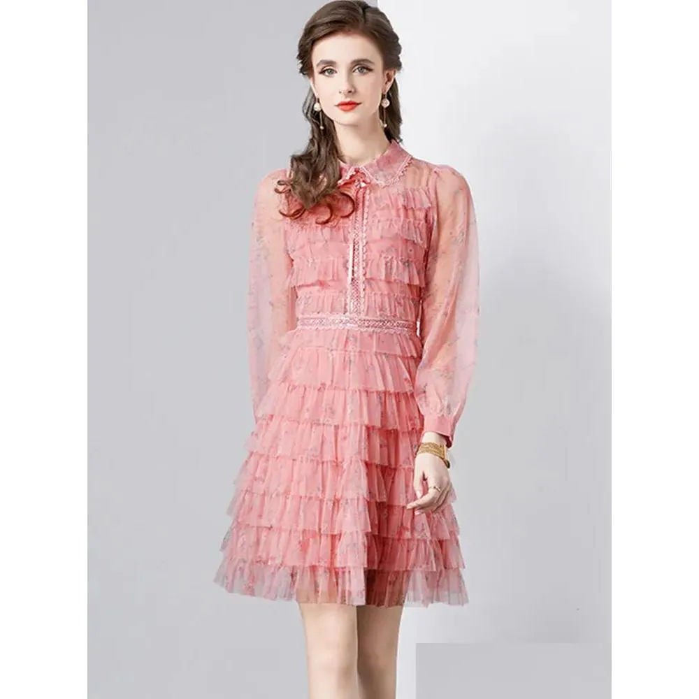 Grundläggande casual klänningar en linje söt rosa tryck ruffle elegant för kvinnor lapel lång ärm hög midja klänning kvinnliga modekläder d dhwsh