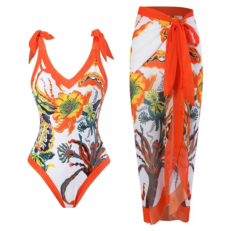 Bär 2023 Floral Women's 2 Pack Bikini Baddräkter med Chiffon Wrap Sarong Bathing Suits Beach Long Cover Ups kjol Badkläder Monokini