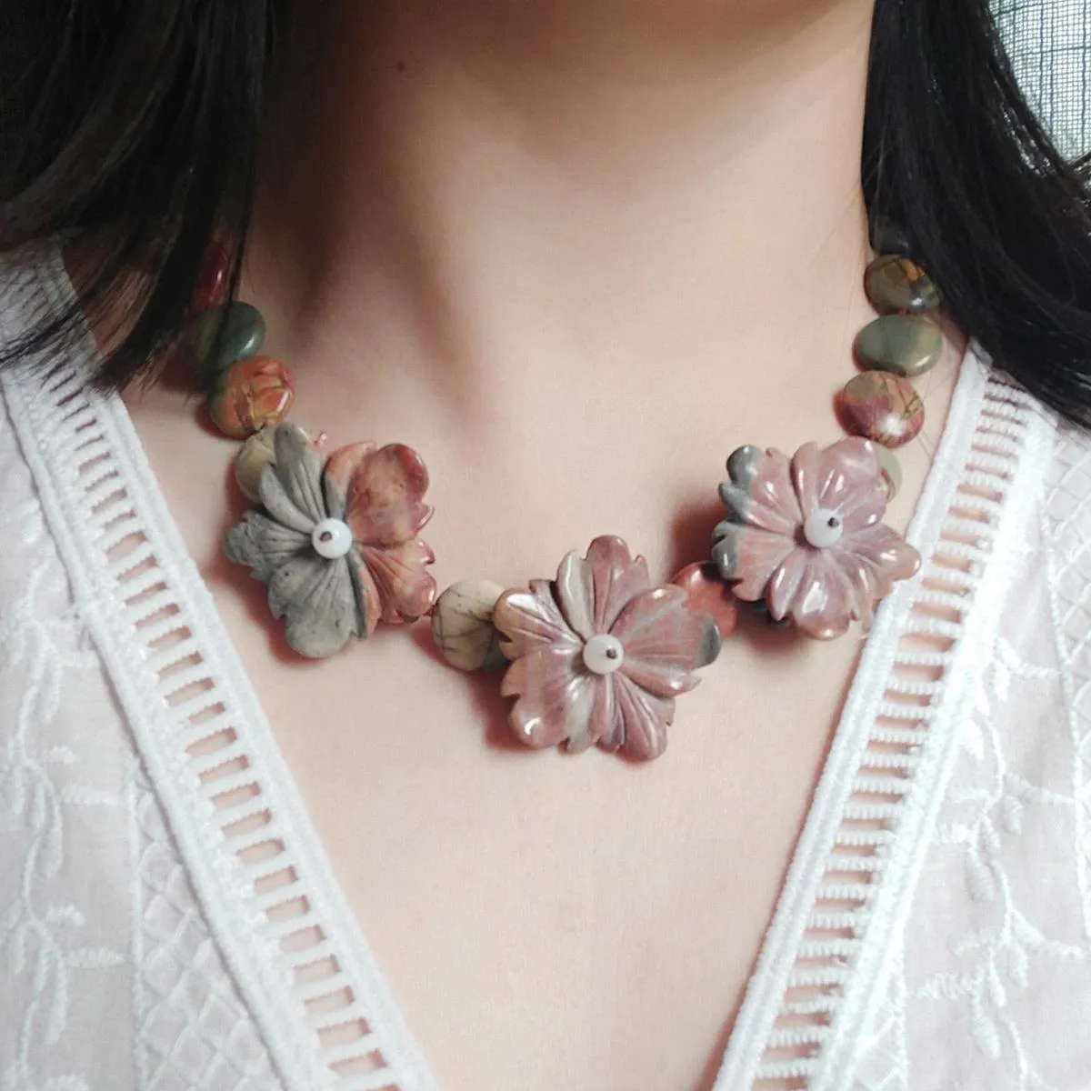 Colliers Lii Ji véritable pierre Beige couleur collier ras du cou Picasso Jaspers fleurs collier 50 cm femmes bijoux cadeau