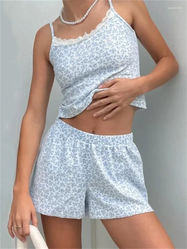 Kadınların Trailtsuits 2 Parça Setleri Loungewear Çiçek Dantel Yay Trim Cami Cami Üstler Şort Y2K Günlük Harajuku 2pcs 2024 Yaz