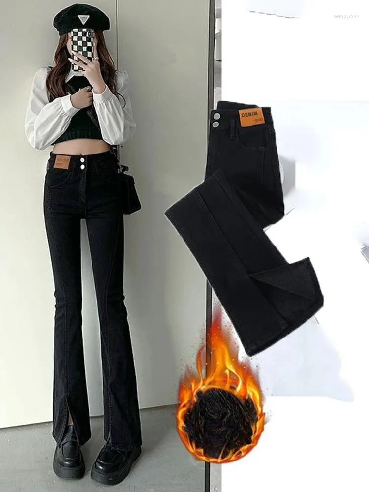 Jeans da donna Skinny Split Flare Moda coreana Velluto Donna Denim Pantaloni Casual Caldo Vita alta in pile Vaqueros Spessore Oversize Z142