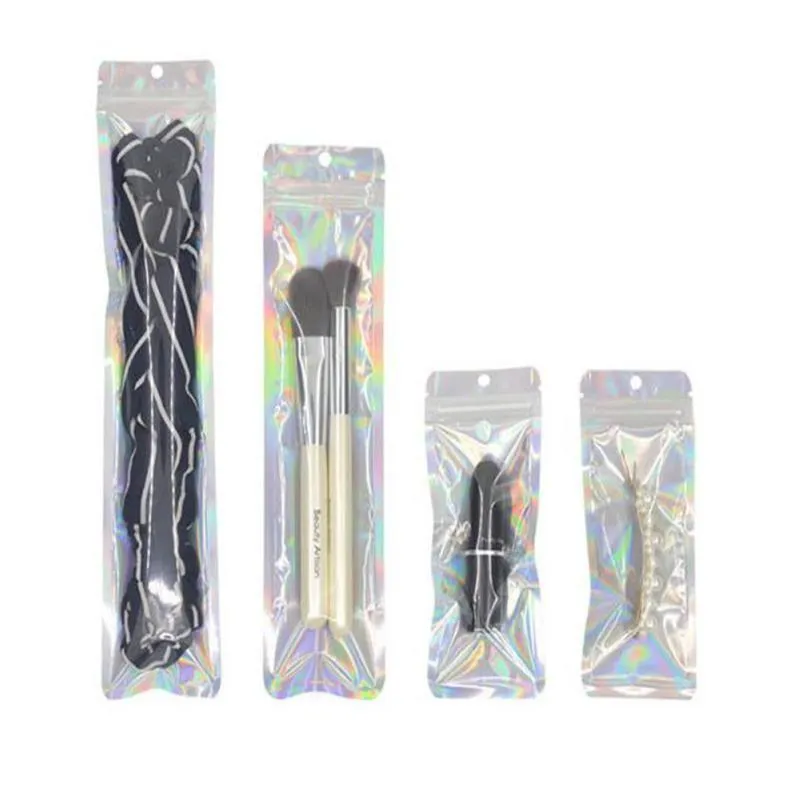Clear and Holographic Brush Packing Bags with Hanger Hole 100pcs lot Zipper Seal Packaging USB Bag Multi-sizes Necklace Watch Pack Jpag Wqqe