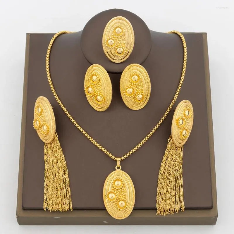 Halsband örhängen set etiopisk oval design afrikansk indisk vigselring för kvinnor parti tillbehör guld pläterad