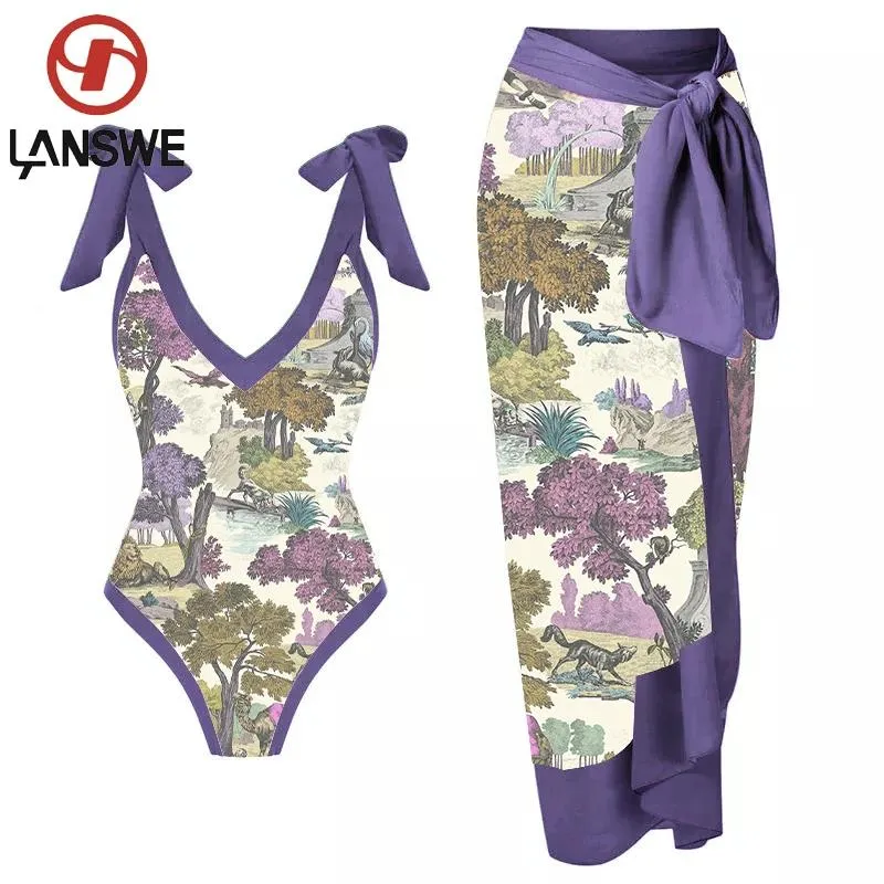 Pants Lanswe Retro Purple Print Deep V Onepiece Swimsuit Separates Two Biquini 2023 Women's Coverup Swimwear for Summer Beachwear