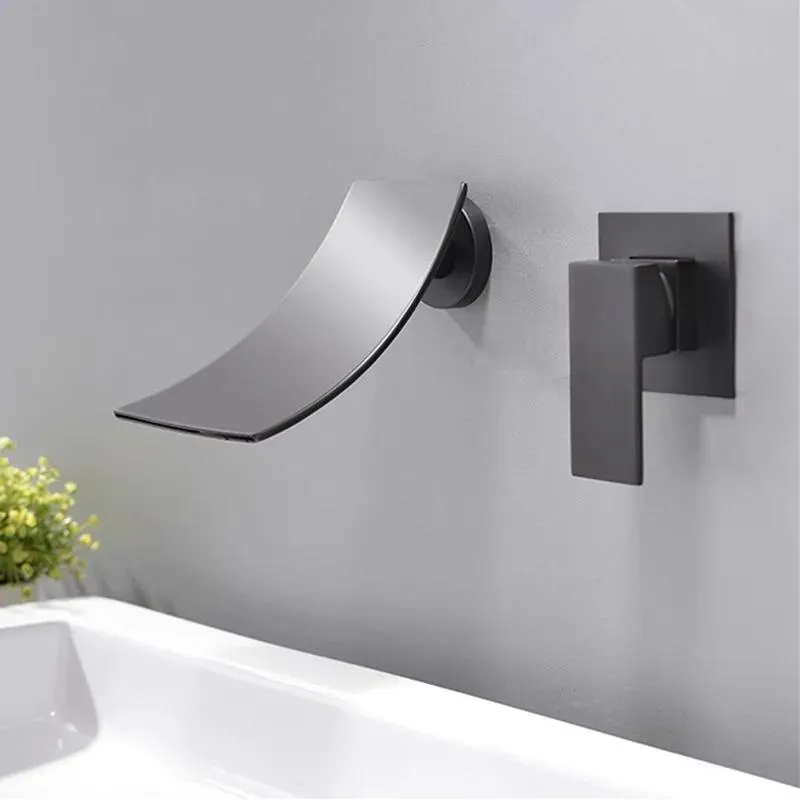 Faucets Rolya Wall Mounted Chrome Brass Waterfall Bathroom Basin Faucet Vanity Sink Mixer Tap Black Bath Spout