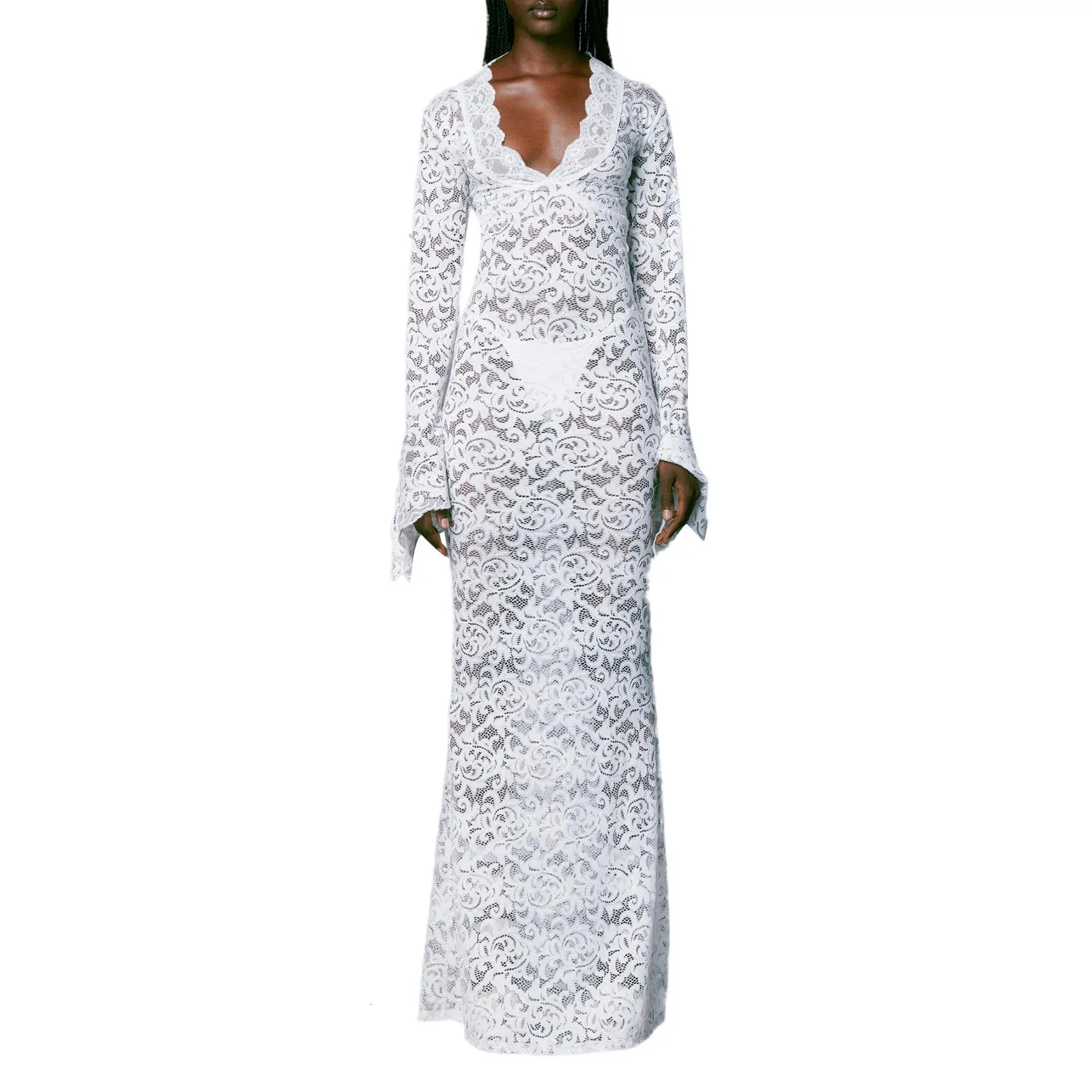 Vestido longo feminino manga comprida decote em v transparente vestido de noite renda floral vestido de festa 231229