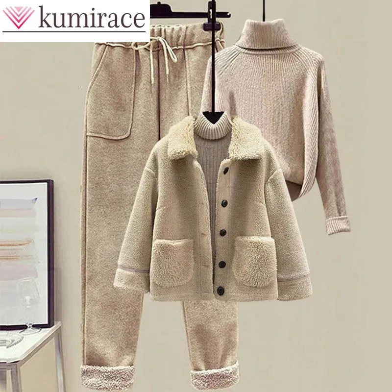 Winter Lamm Plüsch Fell Integrierte Pellet Fleece Mantel Pullover Casual Hosen Drei Stück Elegante Damen Set 231229