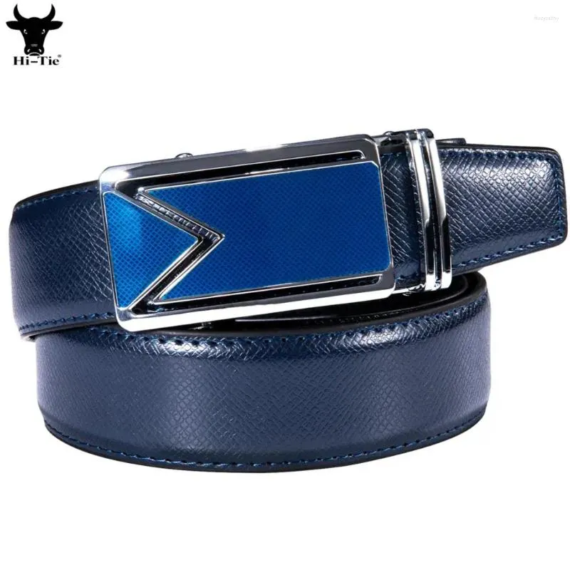 أحزمة Hi-tie Blue Navy Genuine Leather Mens Designer Buckles Automatic Ratchet حزام الخصر للرجال لباس جينز أعمال الزفاف