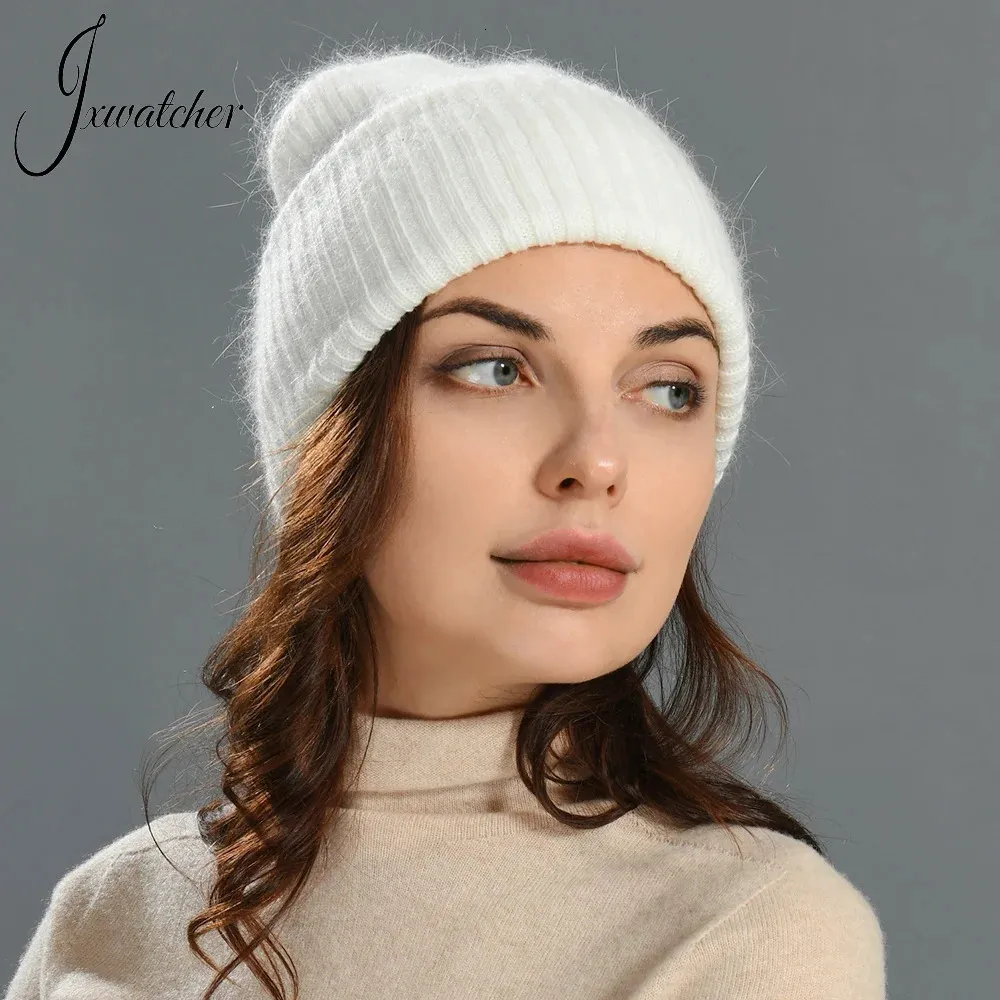 Jaxmonoy Winter Beanie Hat for Women long Rabbit hairDouble Leaer暖かい秋のカジュアルソリッドカラースカリーキャップボンネット231229