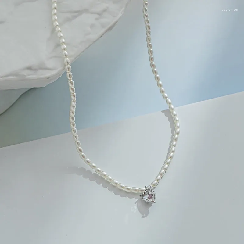 Pendentif Colliers LIUERXIN Sparkling Love Zircon Blanc Naturel Perles d'eau douce Exquise Collier de femmes mignonnes faites à la main Cadeaux de demoiselle d'honneur