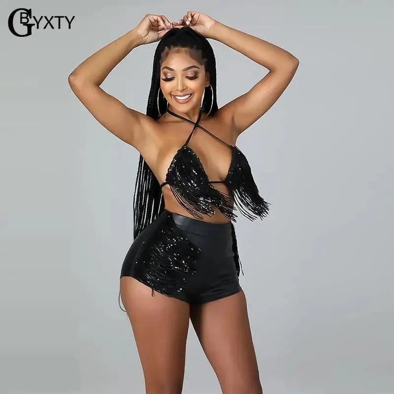 Skirts Gbyxty Sexy Sequined Tassel Night Club Outfits Women Backless Bra Tops Booty Shorts 2 Piece Set Summer Beach Bathing Suit Zl1318
