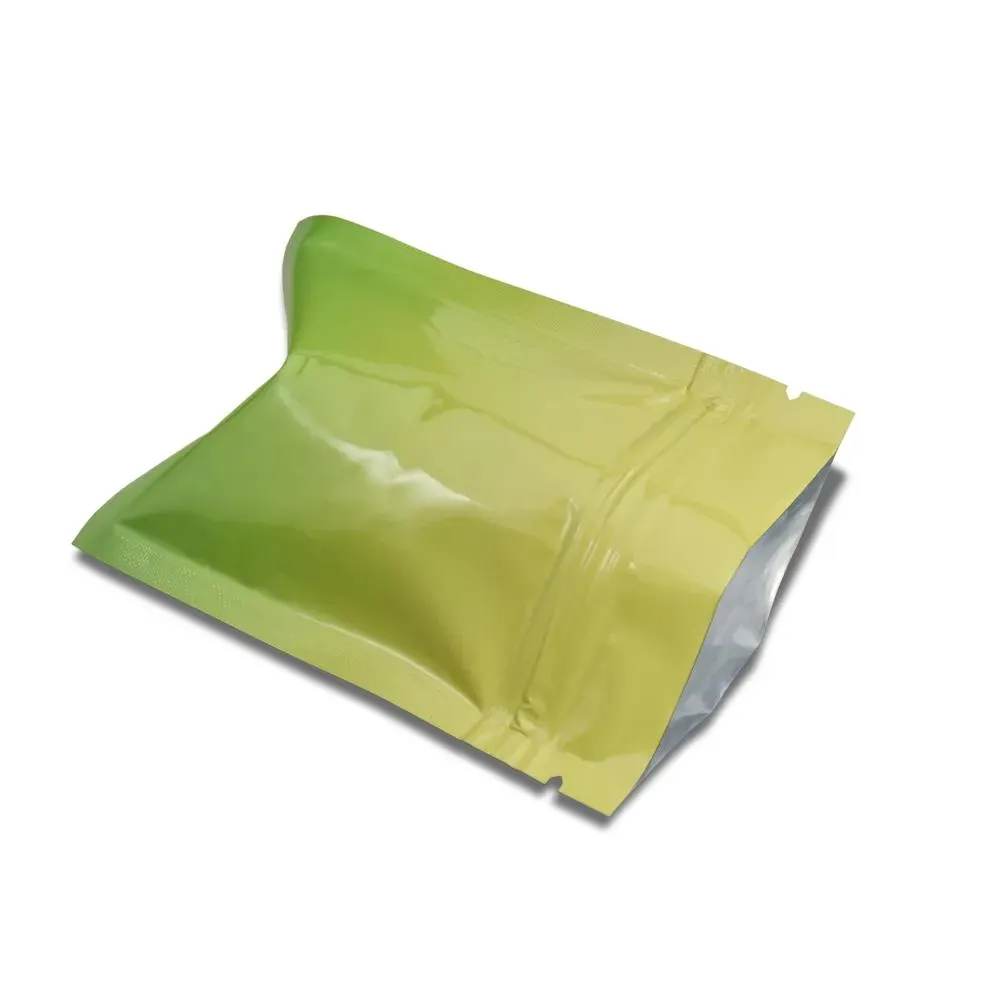 Borse Borsa in Mylar richiudibile con cerniera lucida gialla/verde Borsa per imballaggio in foglio di alluminio con cerniera termosaldabile