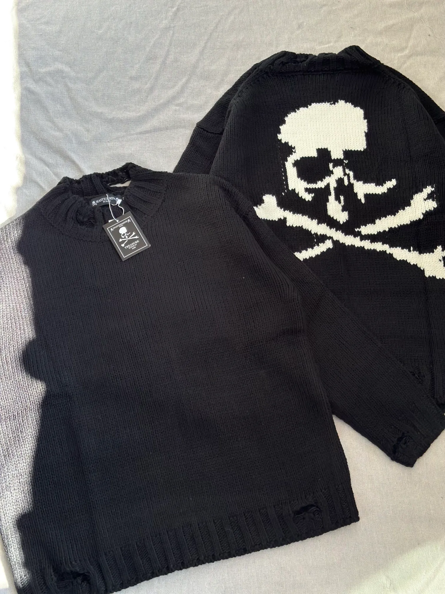 MMJ Heavy Black Skull Print Mastermind Japan Sweater Hommes Femmes Destruction Pull Pull