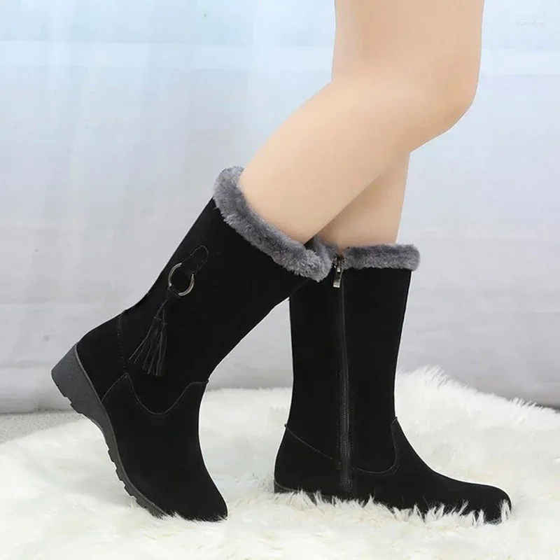 Boots Comfort Design Plush Warm Long Snow For Women Pointed Toe Mid Heel Botas Altas Slip-On Bottines Causal Lady Winter Shoes