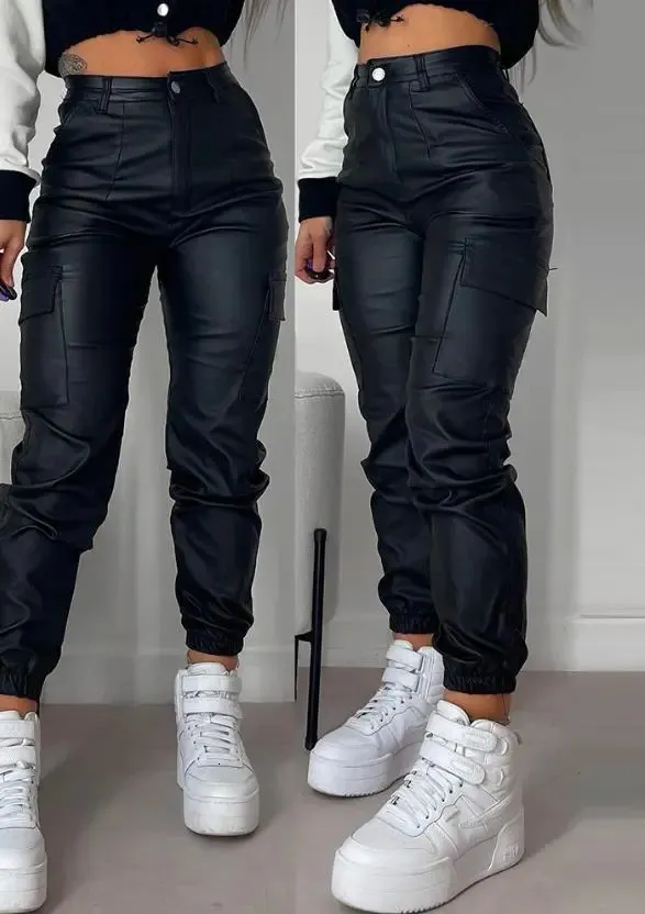 Женские длинные брюки-карго, персонализированные уличные тенденции, карманные брюки из искусственной кожи с манжетами, осень-зима, с высокой талией 231229