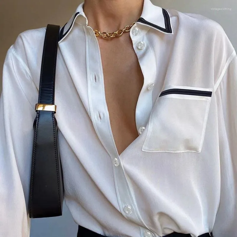Women's Blouses Commuter Style Long-Sleeved Lapel Shirt Spliced Chiffon Office Professional Simple And Versatile Button Up Top