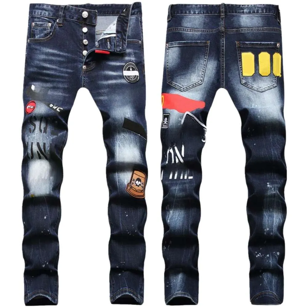 Jeans de créateur Jeans pour hommes Jeans hipster Street Trend Zipper Chaîne Décoration Flap Split Stretch Noir Mode Slim Washed Motorcycle Jeans