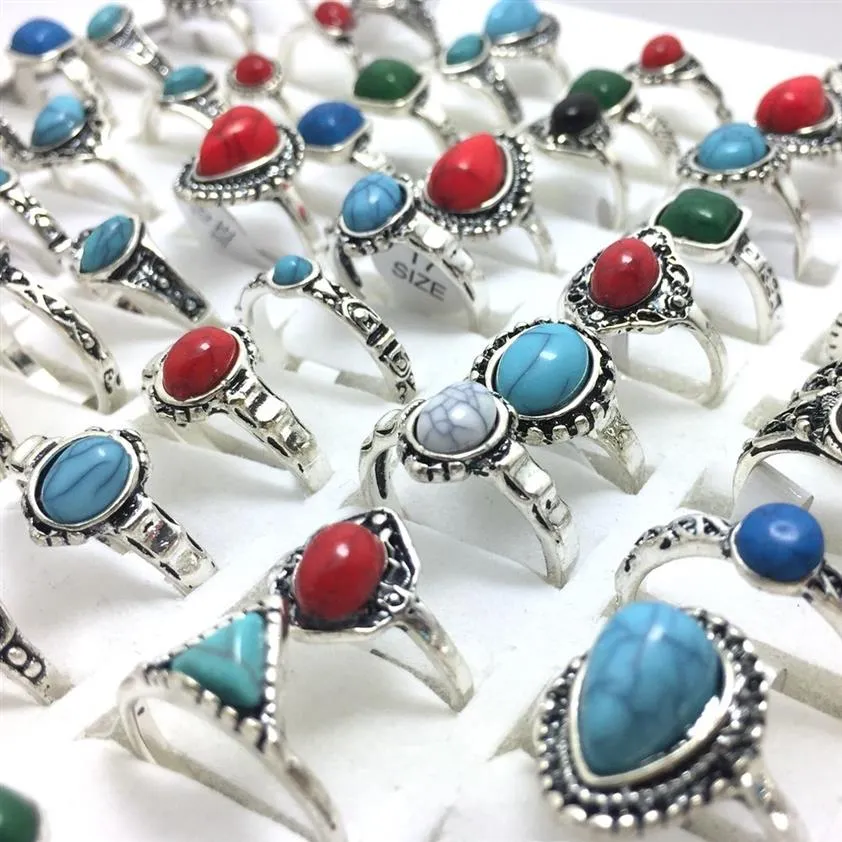 50 peças anéis inteiros mistos de prata turquesa feminino meninas anéis legais moda única vintage retrô joias167p