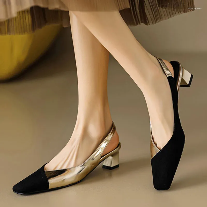 Sandaler Kvinnor Square Toe Black Patchwork Pumpar Gold Sling Slingbacks Mid Hells Summer Female Dress Heel Shoes Storlek 35-40
