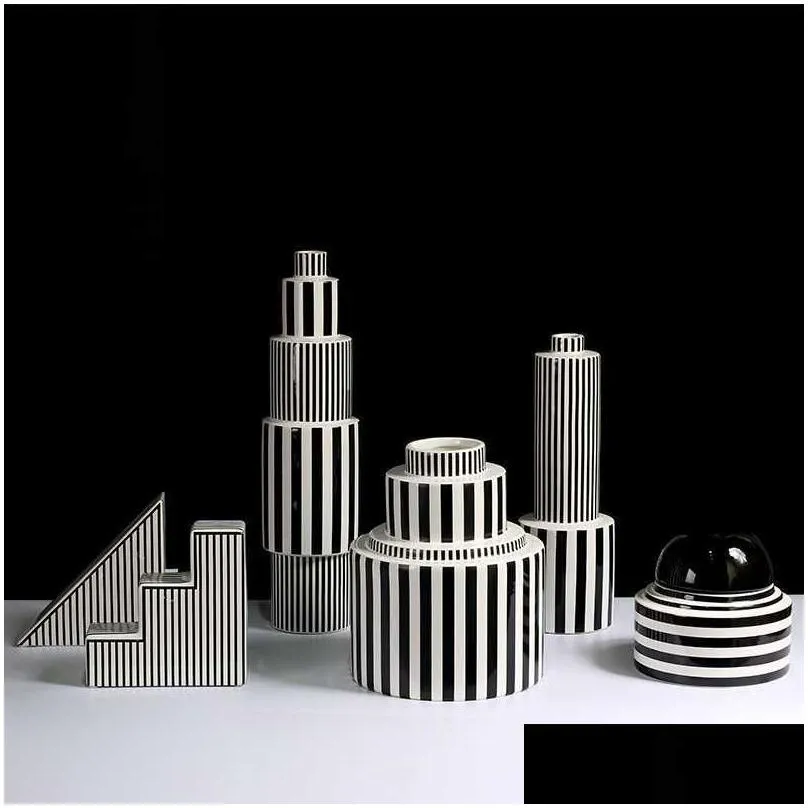 Vases Nordic Creative Ceramics Simple Luxury Black And White Striped Vase Decoration Home Living Room Tv Cabinet Interior Accessorie Dhhyt