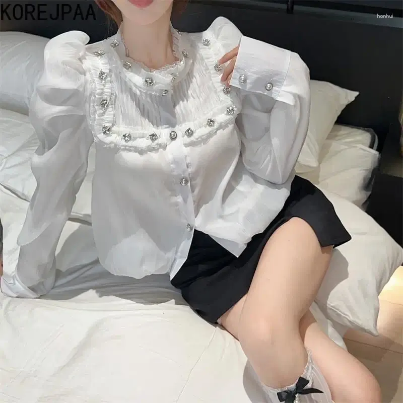 Blouses voor dames korejpaa Franse stijl vrouwen shirts 2024 lente ronde nek wit shirt elegante bubbel mouw korte dames tops solide mode