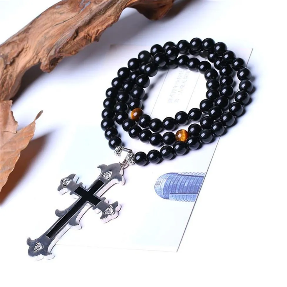 Whole Black Obsidian Natural Stone Bracelets 8mm Round Beads With Closs Pendant Necklace Energy Stone Bracelet Jewelry2798