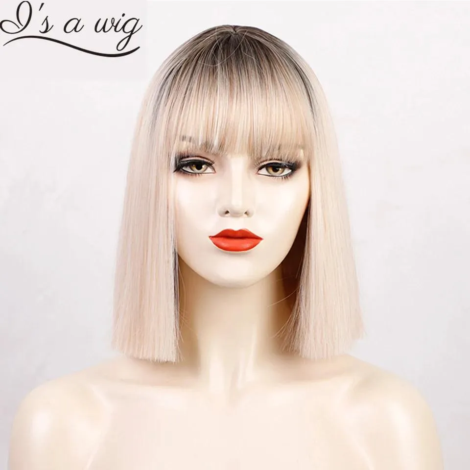 Perücken „It's a Wig“, kurze, gerade Perücken für Damen, synthetische Ombre-Bob-Perücken mit Pony, hitzebeständig für den täglichen Gebrauch auf Partys