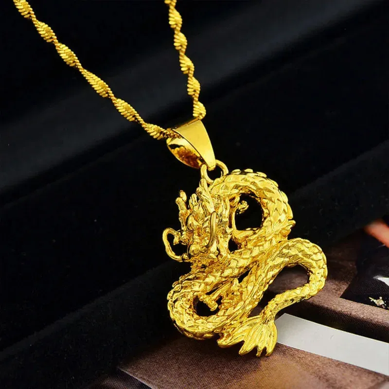 Collana con ciondolo drago placcato oro giallo genuino 24K per uomo Fratello Padre Gioielli Moda Catena drago in oro tailandese Non sbiadisce 231229