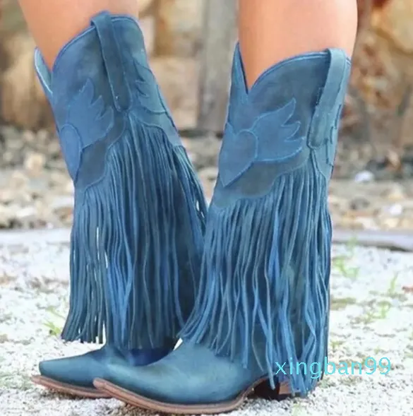 Voor Dames Platform Fringe Kwastje MidCalf Lange Knie Winter Western Laarzen Cowboy Schoenen Botas Mujer