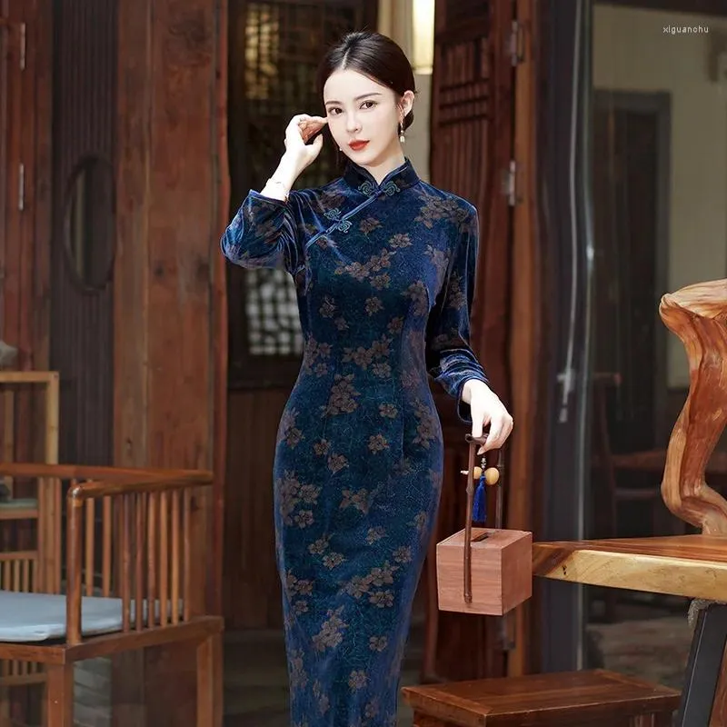 Etniska kläder kinesisk traditionell stil qipao klänning delade sexiga kvinnor velor cheongsams vestidos mujer eleganta kläder estilo orientalisk