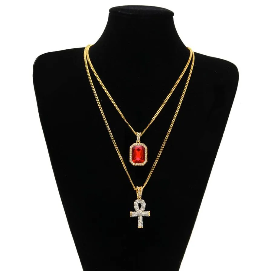 Egipski Ankh Key of Life Bling Rhinestone Cross Cross z czerwonym rubinowym wisiorkiem