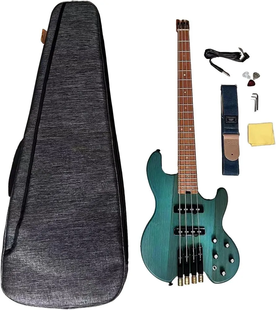 4 String Headless Bass Guitar with ASH Body and Roasted Maple Neck,Solid Body Electric Bass Guitar Active Pickup Rounded Frets for Rock, Blues, Heavy Metal and Jazz Music