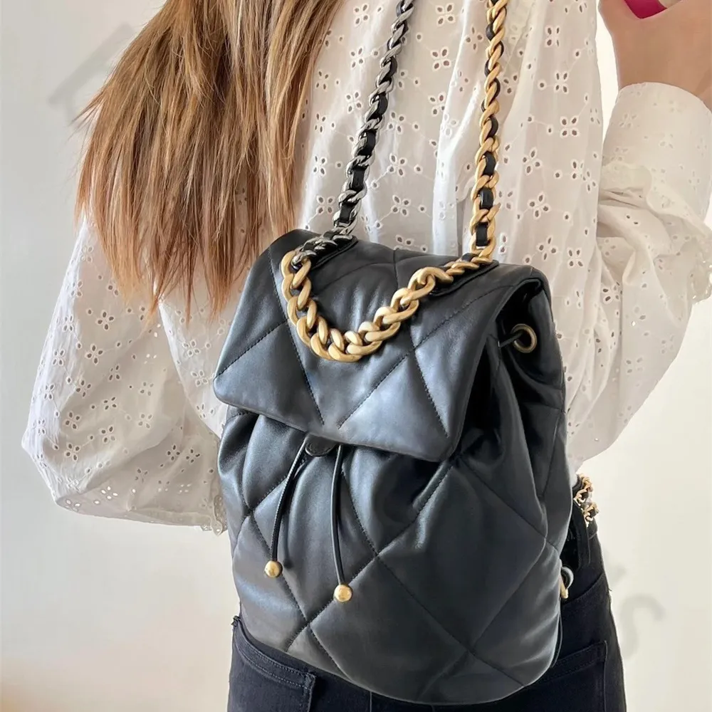 women's large drawstring backpacks classic diamond lattice designer backpack leather shoulder bag high quality chain student book bag woman black travel back pack