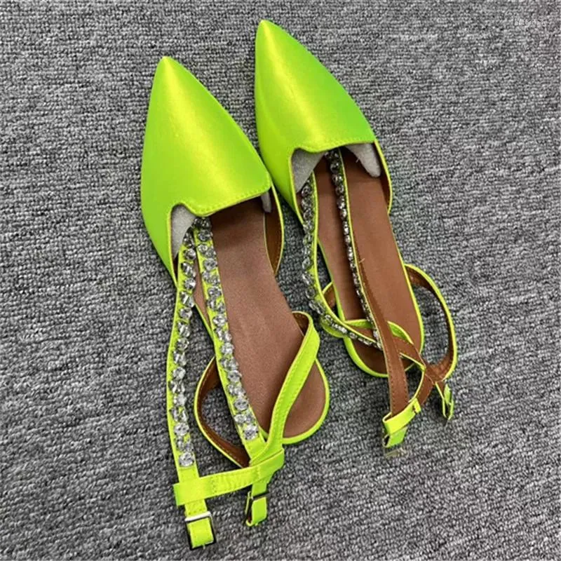 Sandals Style Pointed Rhinestone For Women's Spring Autumn Flat Bottom Shoes Satin Back Hollow Buckle Women Size 42