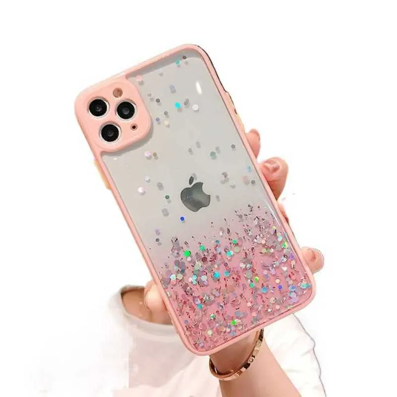 Handyhüllen NEU Epoxy Gradient Glitter Phone Case Drop Glue Transparent Clear Camera Portector für iPhone 13 12 Mini Pro Max Pro X Xs XR Xs Max 7 7p 8 8plus MWOF