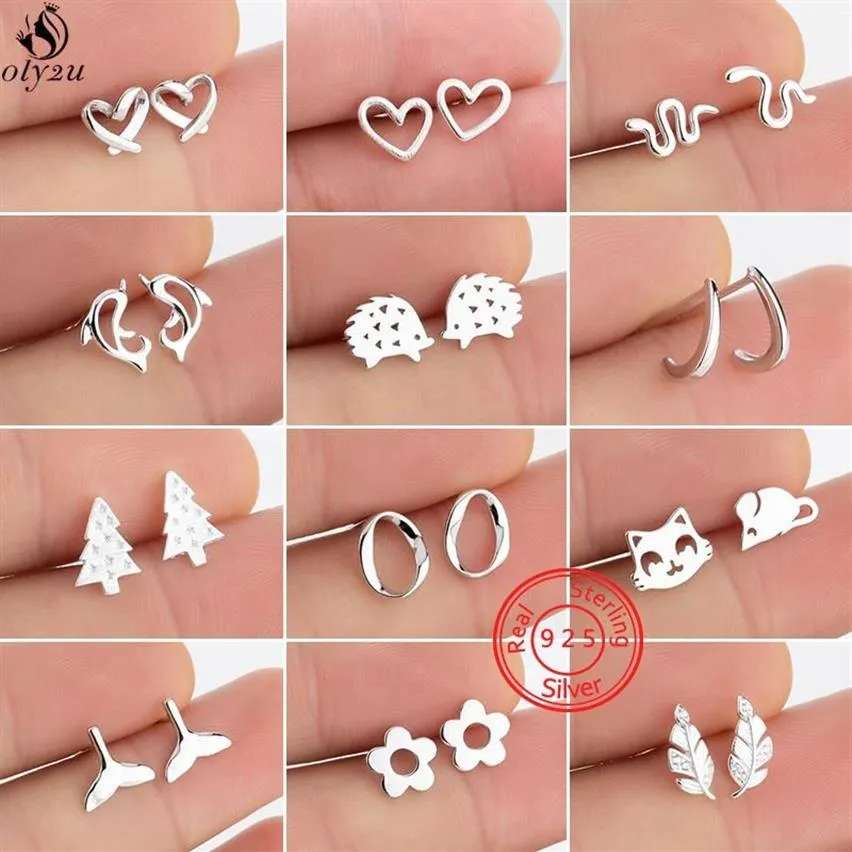Stud Real 925 Sterling Silver Heart Earrings for Women Korean Small Dolphins Snake Leaf Flower Earings smycken Accessorie246h