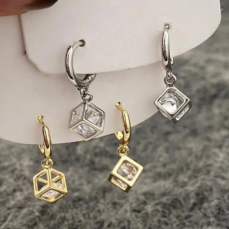 Boucles d'oreilles créoles PONYKISS 925 en argent Sterling Zircon géométrique pendentif boucle d'oreille pour les femmes à la mode bijoux fins minimaliste Cube accessoires