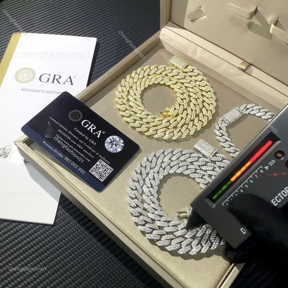 Chaînes de bijoux pour hommes et femmes, Bracelet de 14mm, chaîne à maillons, testeur de diamant GRA VVS Moissanite, collier cubain, cadeau personnalisé